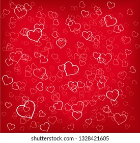 Hearts texture, red background full of hearts shapes