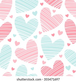 Hearts texture. Valentines day background. Seamless pattern made of ornamental hearts of various size. Hearts with hatching.