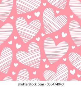 Hearts texture. Valentines day background. Seamless pattern made of white ornamental hearts of various size on pink backdrop. Hearts with hatching.