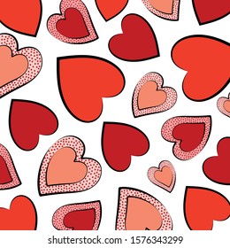 
Hearts. Texture for Valentine's Day. Multi-colored hearts with a black outline. Design element. Vector illustration.