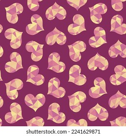 Corazones texturados con triángulos, sin costura vectorial, tonos de rosa cálido y amarillo
