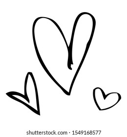 Hearts. Three isolated hand drawn hearts for designs and prints on any occasion connected to love, marriage, wedding. Simple elegant line sketches, black graphic style, white background. Cards, paper