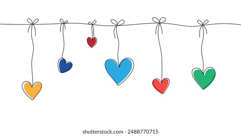 Hearts tied on a string. A garland of hearts hand-painted isolated on a white background. It can be used in web design, social networks, and on T-shirts.