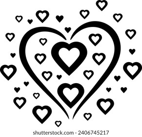 The hearts together form one big heart. Abstract love symbol for background. Vector outline art drawing illustration.
