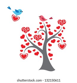 Hearts tree and birds in love