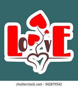 Hearts tree and love word. Background relative to valentines day. Love sticker