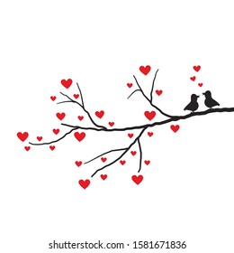 Hearts tree. Valentine's day branch with red hearts and a cute pair of birds. Valentine's day concept. Vector illustration on a white background