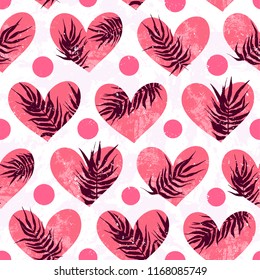 Hearts with tropical leaves for Valentines day. Love background with hearts and palm leaves. Love in jungle decor. Vector seamless romantic modern pattern and tropical texture Valentine day background