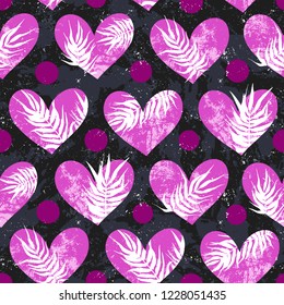Hearts with tropical leaves for Valentines day. Love background with hearts and palm leaves. Love in jungle decor. Vector seamless romantic modern pattern and tropical texture Valentine day background