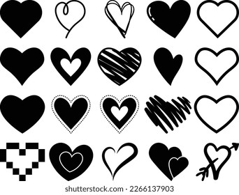 Corazones en veinte estilos únicos. Doodle corazón de píxel salpicó corazones. ilustraciones vectoriales.