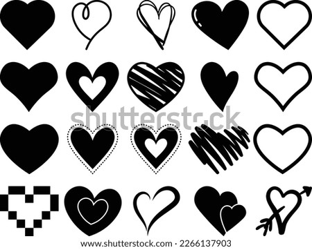 Hearts in twenty unique styles. Doodle hearsts pixel heart dotted hearts. vector illustrations.