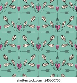 Hearts,  twig and arrows pattern. Green backdrop. Wedding vintage background for valentines day and wedding.