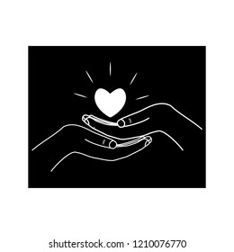 Hearts in two palms on black background sign. Modern symbol linked, join, love, passion and wedding. Template for t shirt, apparel, card, poster, valentine day. Design element. Vector illustration