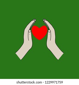 Hearts in two palms on green background sign. Modern symbol linked, join, love, passion and wedding. Template for t shirt, apparel, card, poster, valentine day. Design element. Vector illustration