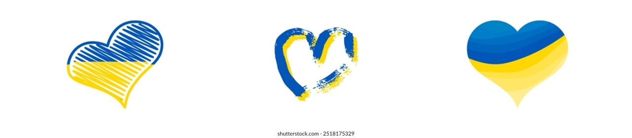 Hearts in Ukrainian colors. Set of different yellow and blue hearts on white background. Vector illustration