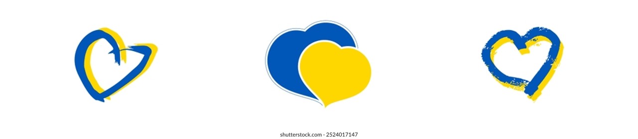 Hearts in Ukrainian colors. Set of different yellow and blue hearts on white background. Vector illustration