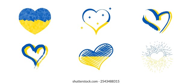 Hearts in Ukrainian colors. Set of different yellow and blue hearts on white background. Vector illustration
