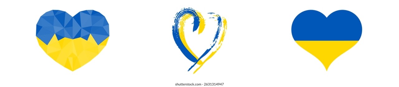 Hearts in Ukrainian colors. Set of different yellow and blue hearts on white background. Vector illustration