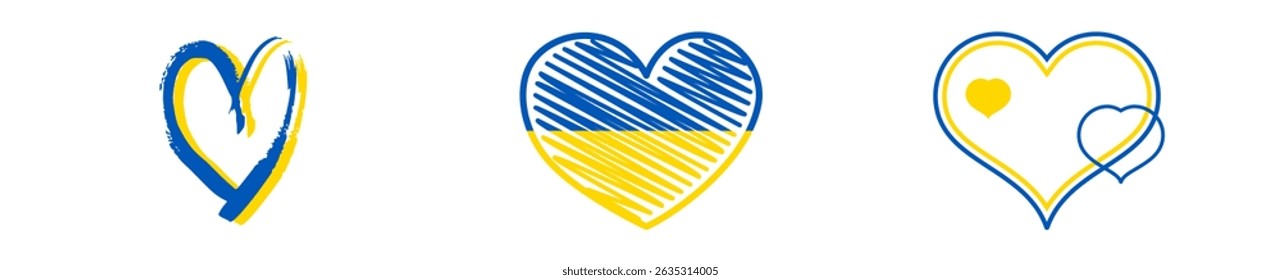 Corazones en colores ucranianos. Conjunto de diferentes corazones amarillos y azules sobre fondo blanco. Ilustración vectorial