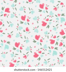 Hearts Valentine Pattern. Romantic pattern. Vector illustration. Seamless pattern with hearts for Valentine's Day design. Decorative backdrop with hearts, and leaves. Holiday texture.