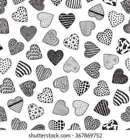 Hearts. Valentine Seamless pattern. Happy Valentine's day. Hand drawn doodle Hearts - Vector illustration. Black and white.