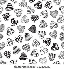 Hearts. Valentine Seamless pattern. Happy Valentine's day. Hand drawn doodle Hearts - Vector illustration. Black and white.