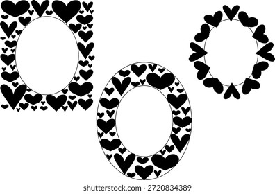 Corazones Día de San Valentín rectángulo oval marco conjunto de Plantilla. Vector gráfico línea ilustración en blanco y negro. Para el logotipo, Web, paquete, etiqueta engomada.