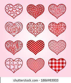 Hearts. Valentine's Day. Vector set. Paper cut templates. Stencils for laser, plotter cutting, printing on t shirts. For cards, wedding invitations. Decorative holiday love symbol with ornament.