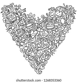 Hearts, Valentine's heart design, doodles, hand drawn. Sweets, candy, cake, cookies, cup of coffee. Doodles Anti stress coloring page