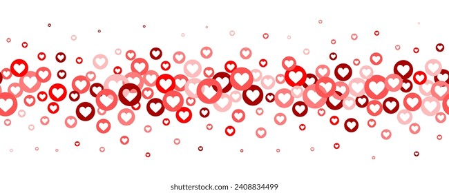 Fondo vectorial del corazón. Al amor le gusta la frontera para las pancartas de San Valentín y el Día de la Madre. Elementos de confeti rojo volando sobre fondo blanco. Ilustración de la reacción en streaming para los medios sociales.