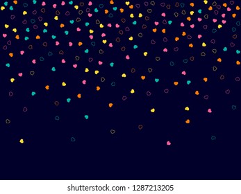 Hearts. Vector Background with small hearts. Template for Happy Valentines day greeting cards. Confetti hearts pattern. Colorful neon hearts frame on dark blue background. Festive bright background.
