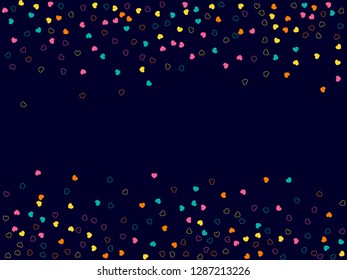 Hearts. Vector Background with small hearts. Template for Happy Valentines day greeting cards. Confetti hearts pattern. Colorful neon hearts frame on dark blue background. Festive bright background.