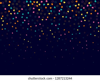 Hearts. Vector Background with small hearts. Template for Happy Valentines day greeting cards. Confetti hearts pattern. Colorful neon hearts frame on dark blue background. Festive bright background.