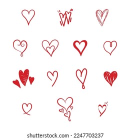 Hearts Vector Bundle. 14 Hand drawn heart Icons. Love symbols collection. Perfect for illustrations, website, poster, placard, wallpaper and Valentine's day. Abstract amour sketch Red passion doodles.