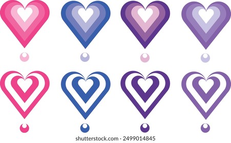 Corazones Vector colección San Valentín. Colección de corazones de rayas de Vector en colores rojo, rosa, púrpura y azul en un patrón de rayas de la censura