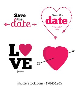 Hearts vector icon set, ideal for valentines day and wedding. Collection of unique hearts in hipster design style. Hearts, date, rings. ribbons, love, arrows and stylish typography.