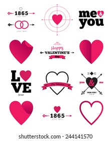 Hearts vector icon set, ideal for valentines day and wedding. Collection of unique hearts in hipster design style. Hearts, date, rings. ribbons, love, arrows and stylish typography.