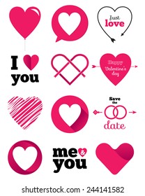 Hearts vector icon set, ideal for valentines day and wedding. Collection of unique hearts in hipster design style. Hearts, date, rings. ribbons, love, arrows and stylish typography.