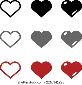 Hearts, vector icons. Set of vector icons hearts in black, red and gray.