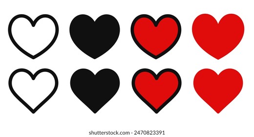 Hearts vector icons set. Love symbols shapes on white background. Valentine day outline set and red likes silhouettes. Black flat graphic. Social media stickers