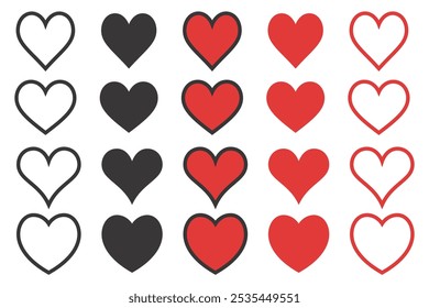 Hearts vector icons set. Love symbols shapes on white background. Valentine day outline set and red likes silhouettes. Black flat graphic. Social media stickers
