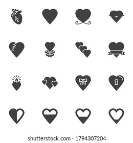 Juego de iconos vectoriales del corazón, colección moderna de símbolos sólidos, paquete de pictogramas estilo relleno. Señales, ilustración del logotipo. El juego incluye íconos como corazón de cardiología, regalo, amor, día valentino, romance