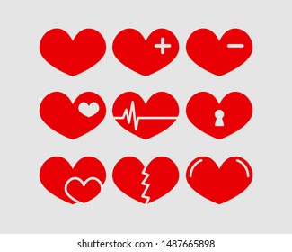 Hearts vector illustrations. Donation, voluntary and charity service logotype. Healthcare logo. Valentines day, love and romantic feelings symbol. Red heart with plus, minus sign and keyhole icons set