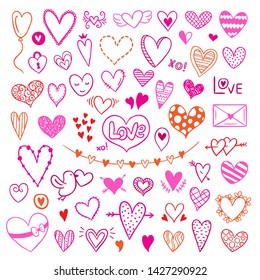 Hearts vector illustrations. Hand drawn set with pink and red heart symbols. Saint Valentine's Day concept