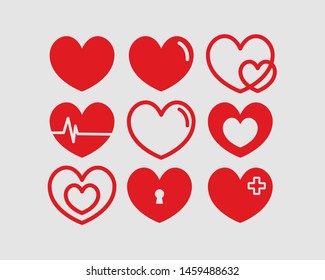 Hearts vector illustrations set. Donation, voluntary and charity service logotype. Healthcare logo. Valentines day, love and romantic feelings symbol. Red heart with plus, minus sign and keyhole icons
