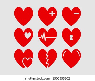 Hearts vector illustrations set. Donation, voluntary and charity service logotype. Healthcare logo. Valentines day, love and romantic feelings symbol. Red heart with plus, minus sign and keyhole icons
