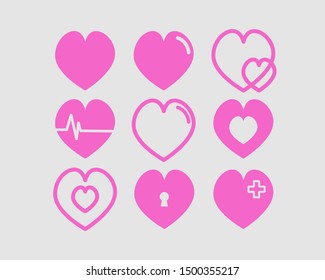 Hearts vector illustrations set. Donation, voluntary and charity service logotype. Healthcare logo. Valentines day, love and romantic feelings symbol. Red heart with plus, minus sign and keyhole icons
