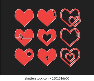 Hearts vector illustrations set. Donation, voluntary and charity service logotype. Healthcare logo. Valentines day, love and romantic feelings symbol. Red heart with plus, minus sign and keyhole icons
