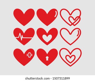 Hearts vector illustrations set. Donation, voluntary and charity service logotype. Healthcare logo. Valentines day, love and romantic feelings symbol. Red heart with plus, minus sign and keyhole icons