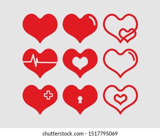 Hearts vector illustrations set. Donation, voluntary and charity service logotype. Healthcare logo. Valentines day, love and romantic feelings symbol. Red heart with plus, minus sign and keyhole icons